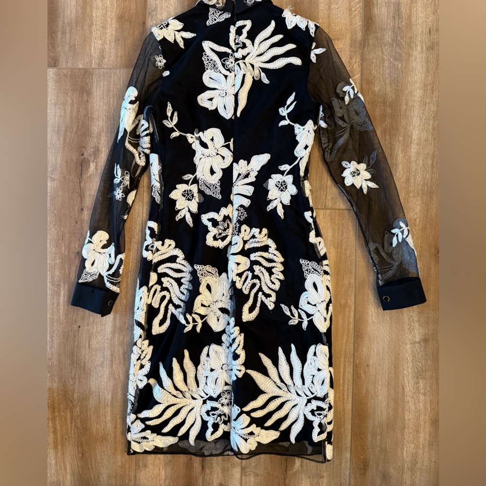 Marchesa Black Sheer Long-Sleeve Dress with White Floral Appliqué - Picture 5 of 7